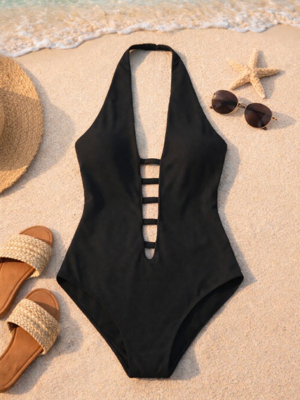 Rachel Roy NWOT Black Strappy Plunge One-Piece Swimsuit